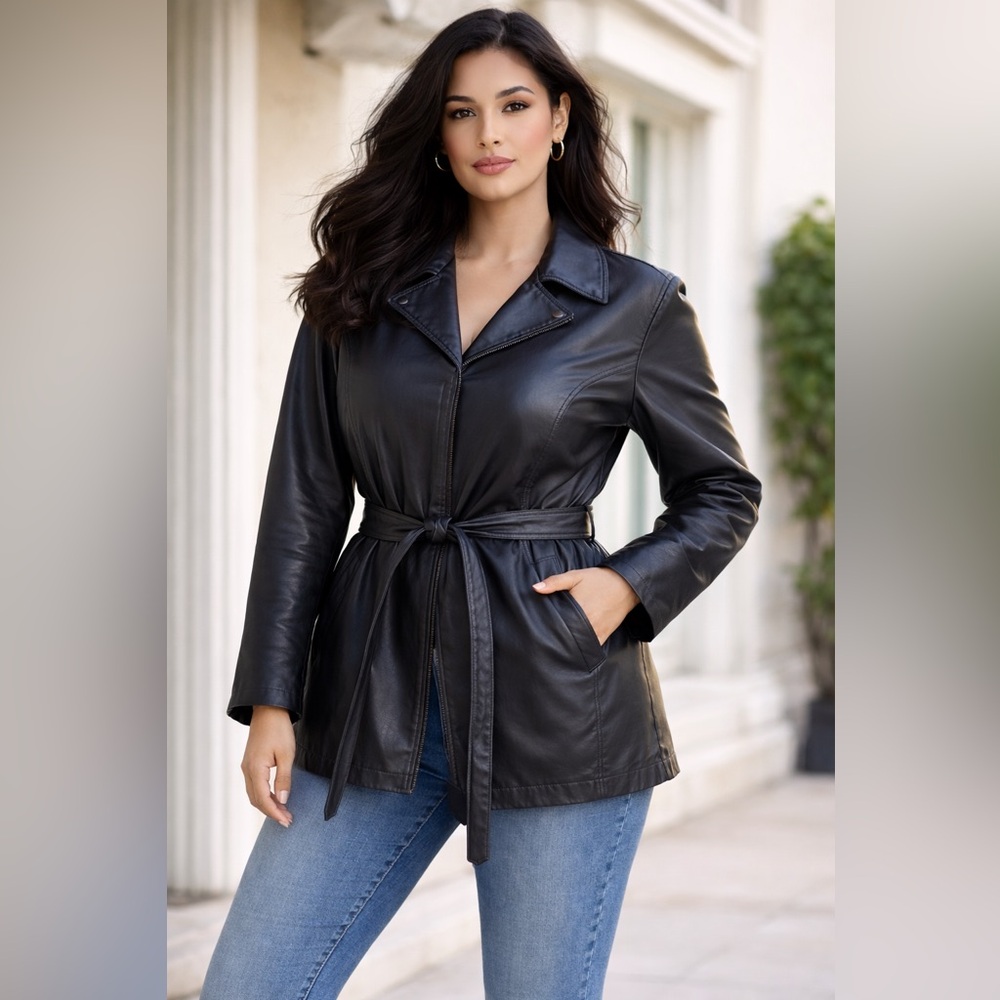 Vintage Plus Size 3X 90s Black Real Leather Belted Jacket Minimalist Car Coat